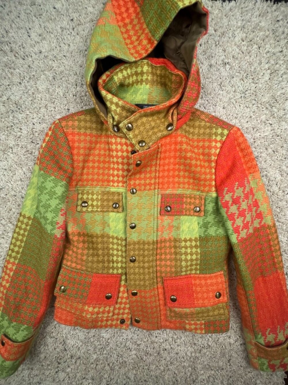 Per Se Women’s Size 8 Jacket Orange Green Wool Zip Up Snap Heavy Winter Fall
